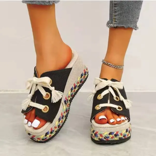 Women espadrille color block woven slide chunky platform sandals