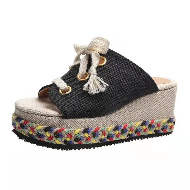 Women espadrille color block woven slide chunky platform sandals