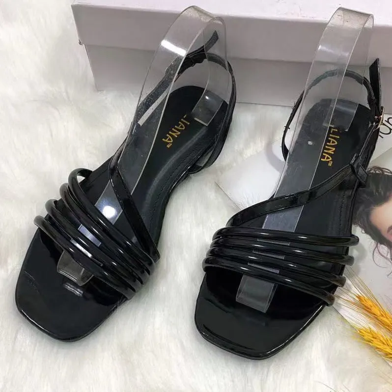 Women square toe buckle strap slingback hollow flat sandals